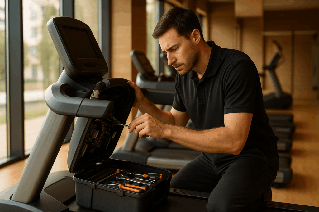Tecnico revisando cinta de correr en Madrid durante contratos mantenimiento gimnasios, con herramientas y panel abierto