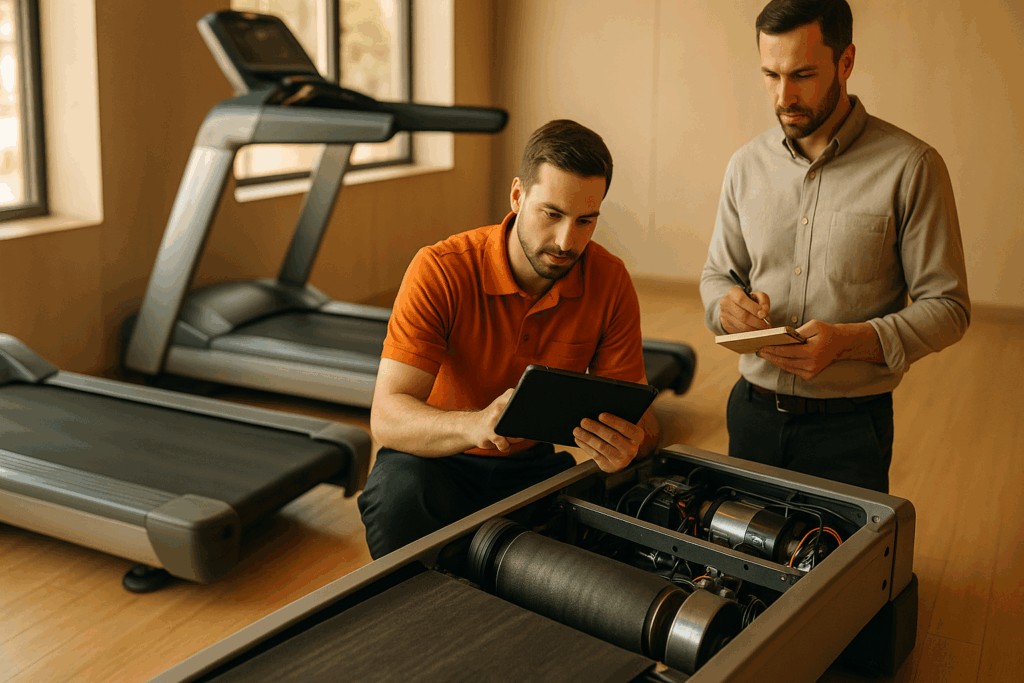 reparación cintas de correr en gimnasio de Madrid, técnico con tablet revisa motor y banda desgastada junto al responsable